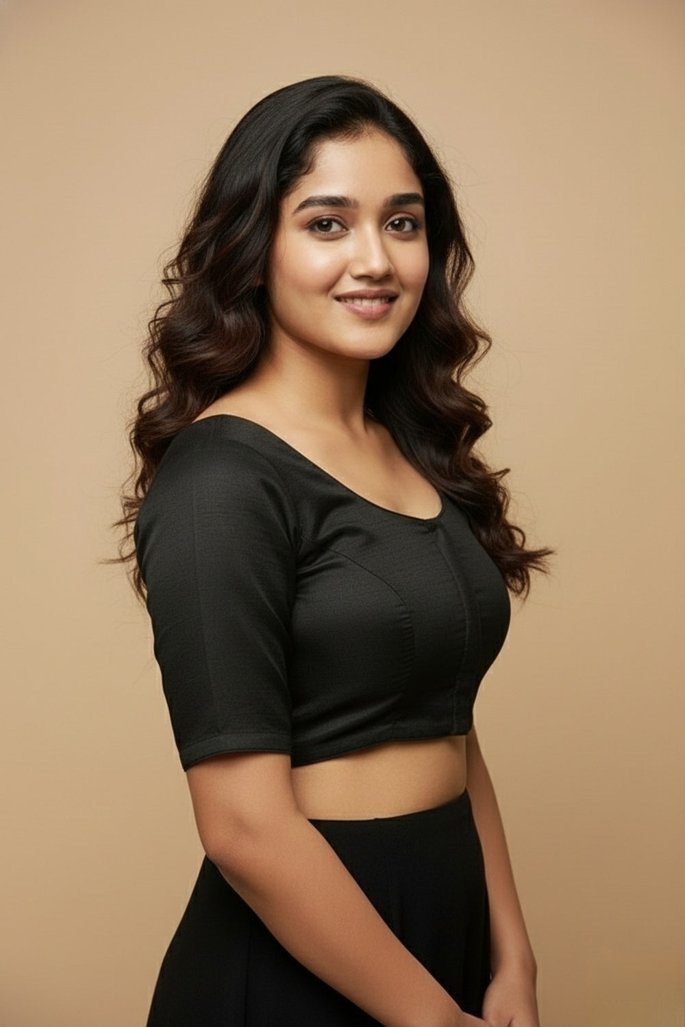 Women's Blouse Silk Blend Padded Front Open Round Neck Princess Cut Elbow Sleeve Solid Saree Blouse with Round Back - Black - 4050