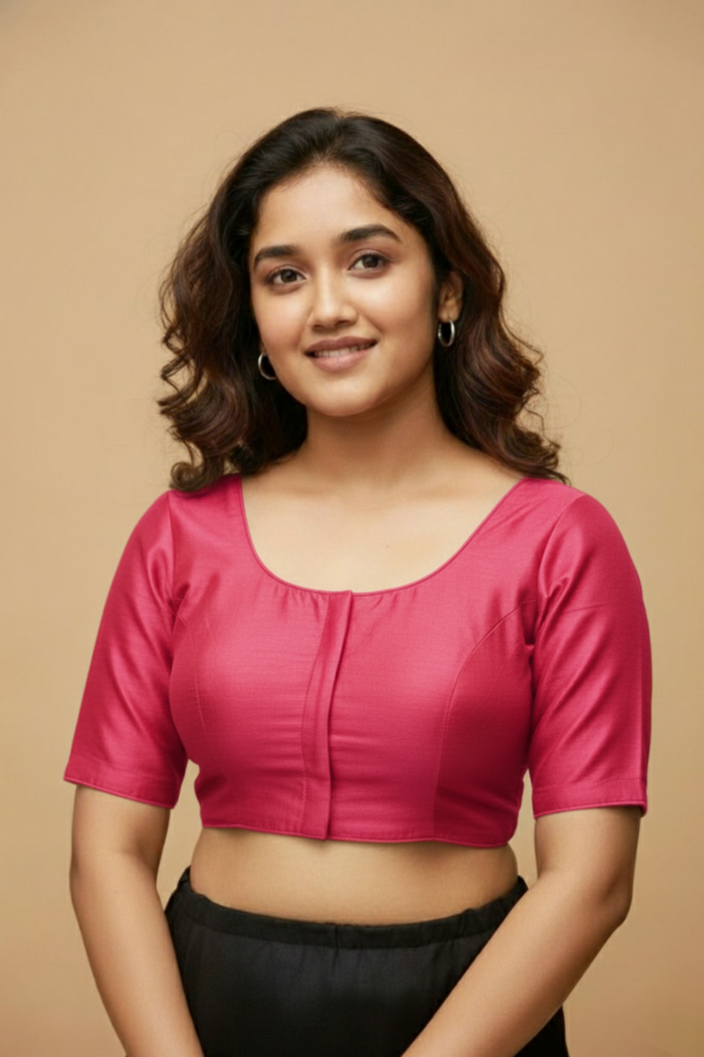 Women's Blouse Silk Blend Padded Front Open Round Neck Princess Cut Elbow Sleeve Solid Saree Blouse with Round Back - Pink - 4050