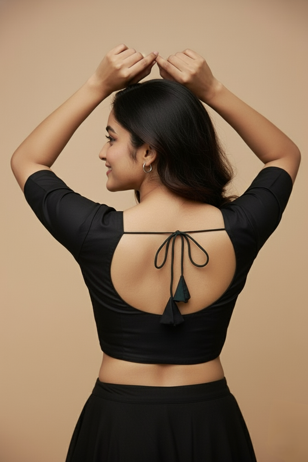 Women's Blouse Silk Blend Padded Front Open Round Neck Princess Cut Elbow Sleeve Solid Saree Blouse with Round Back - Black - 4050