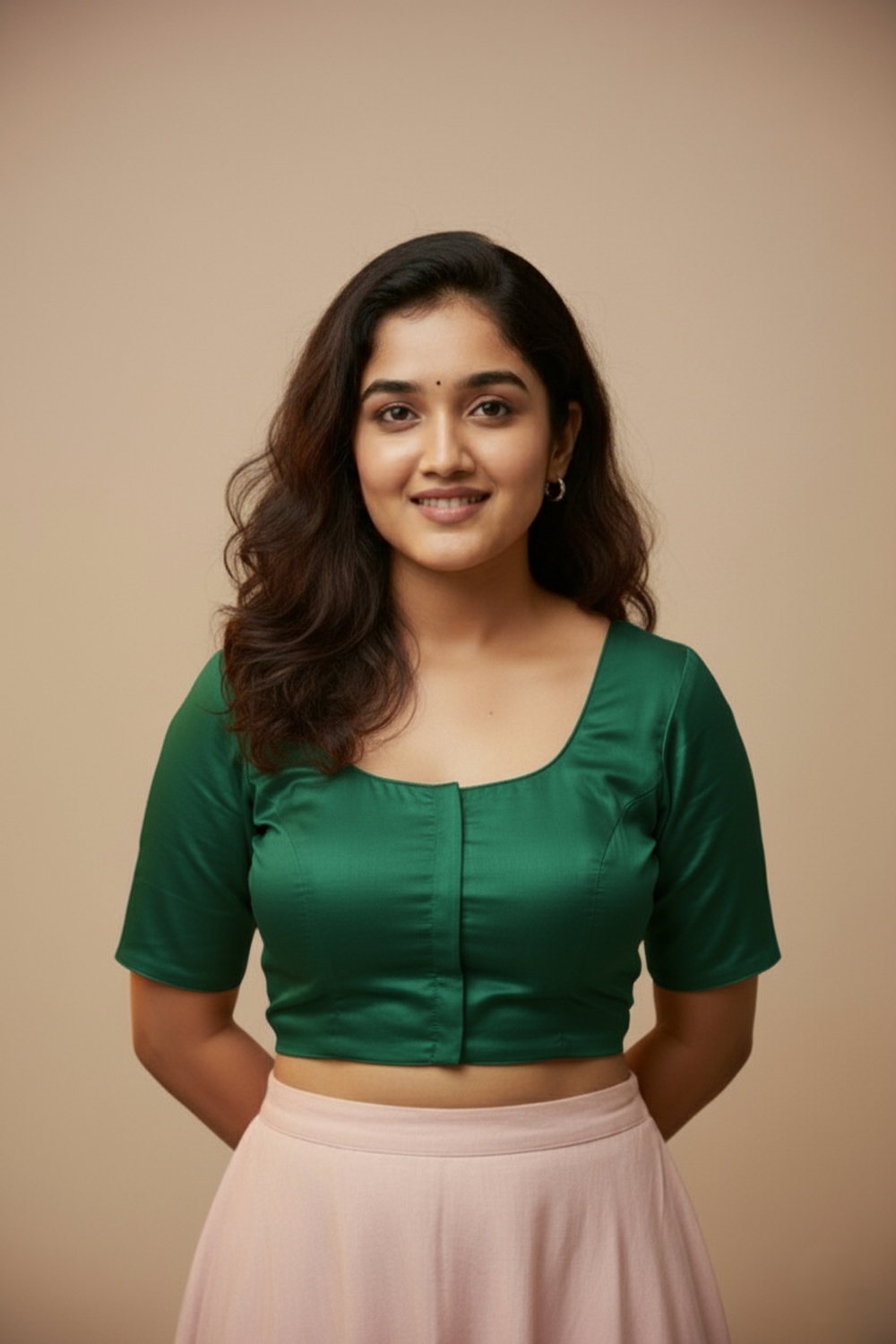 Women's Blouse Silk Blend Padded Front Open Round Neck Princess Cut Elbow Sleeve Solid Saree Blouse with Round Back - Green - 4050