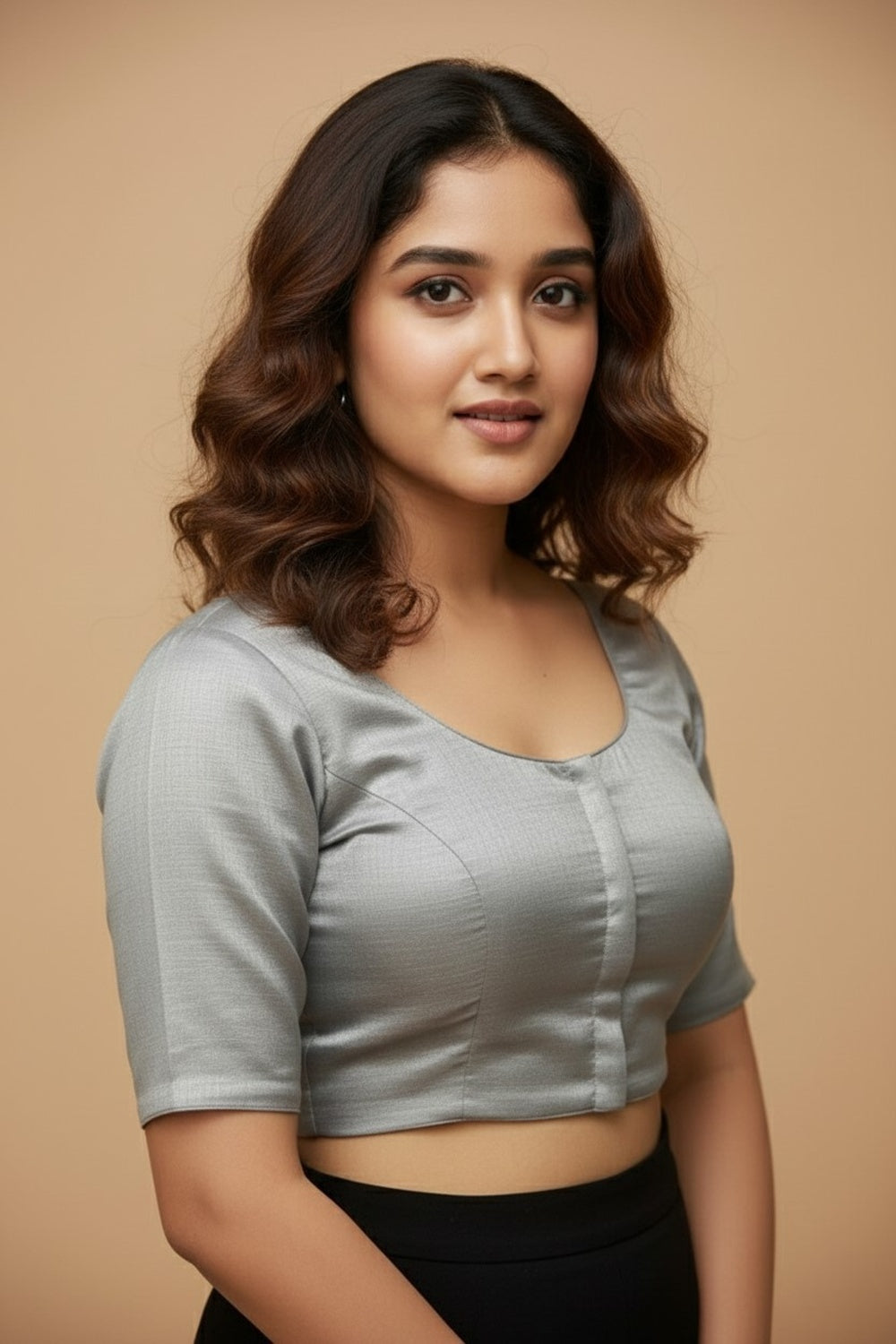 Women's Blouse Silk Blend Padded Front Open Round Neck Princess Cut Elbow Sleeve Shimmer Saree Blouse - Grey - 1633