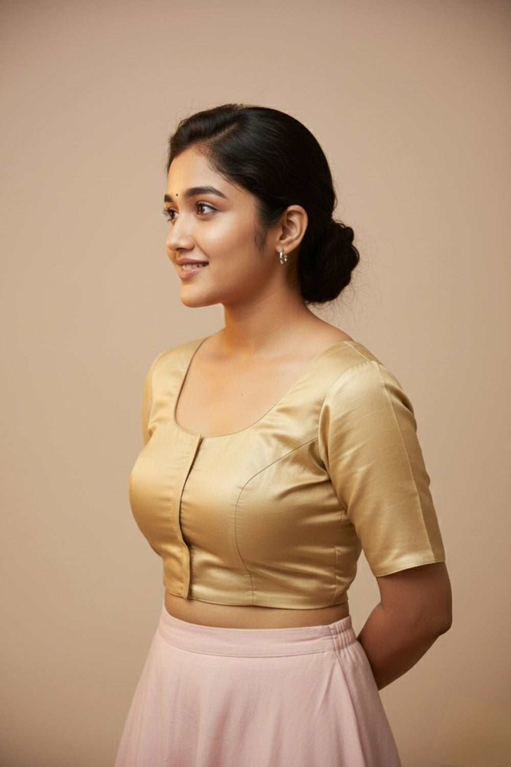 Women's Blouse Silk Blend Padded Front Open Round Neck Princess Cut Elbow Sleeve Solid Saree Blouse with Round Back - Gold - 4050