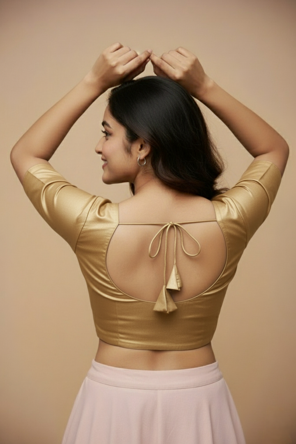 Women's Blouse Silk Blend Padded Front Open Round Neck Princess Cut Elbow Sleeve Solid Saree Blouse with Round Back - Gold - 4050