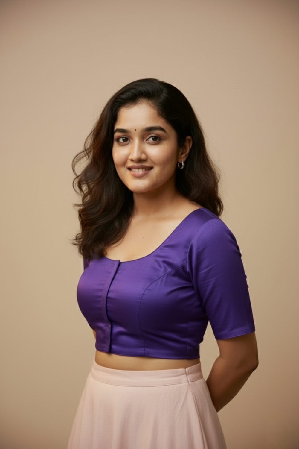 Women's Blouse Silk Blend Padded Front Open Round Neck Princess Cut Elbow Sleeve Solid Saree Blouse with Round Back - Wine - 4050