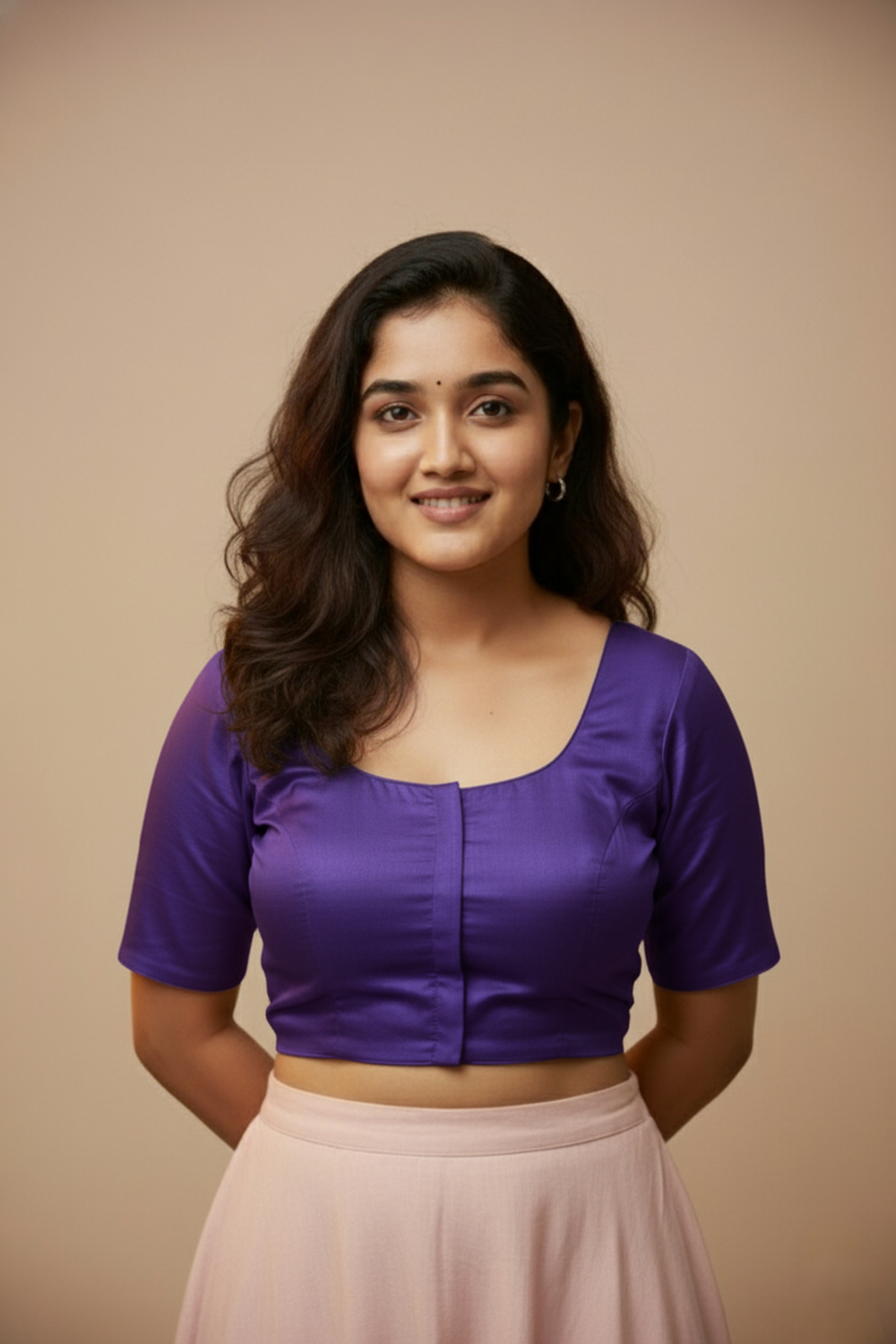 Women's Blouse Silk Blend Padded Front Open Round Neck Princess Cut Elbow Sleeve Solid Saree Blouse with Round Back - Wine - 4050