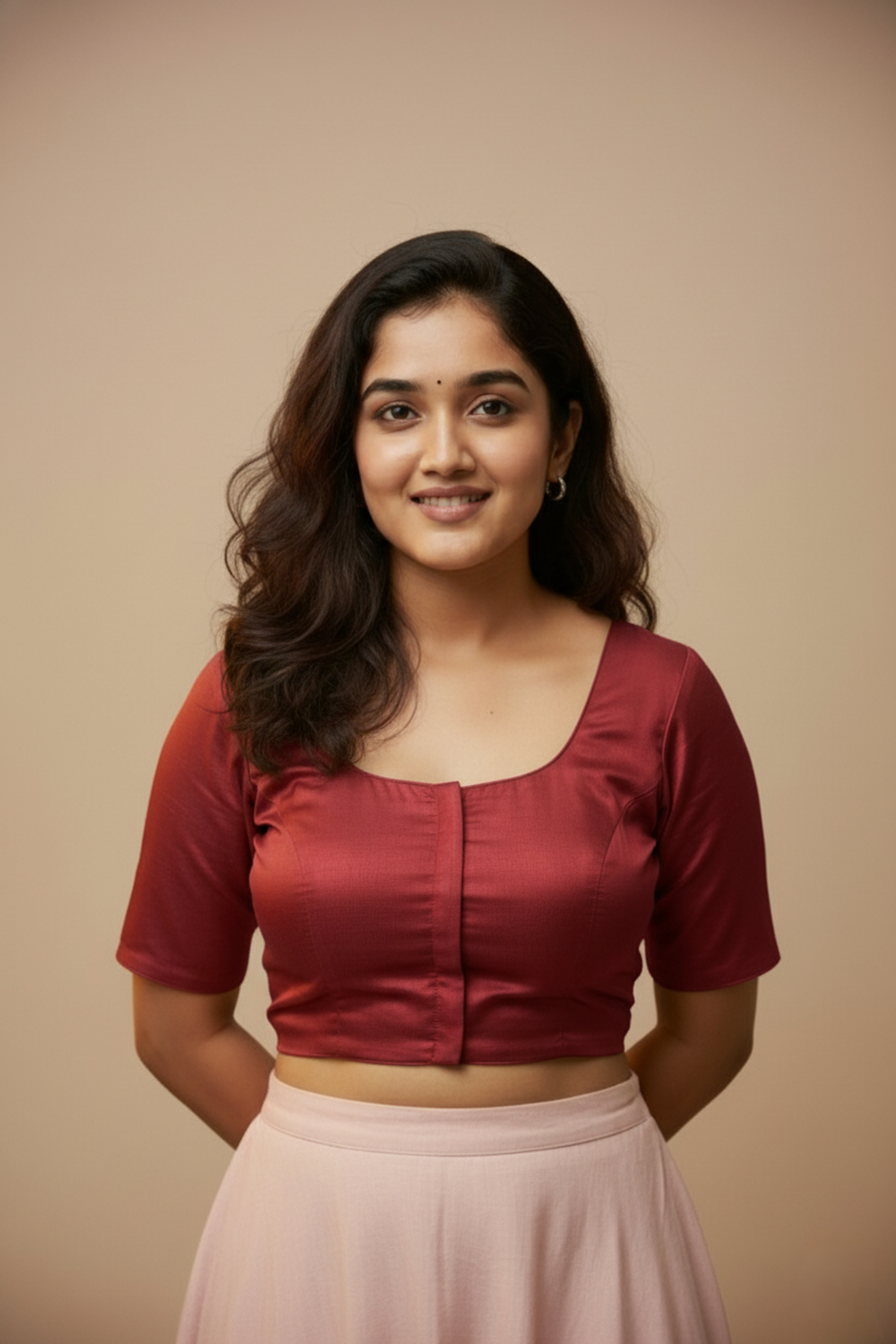 Women's Blouse Silk Blend Padded Front Open Round Neck Princess Cut Elbow Sleeve Solid Saree Blouse with Round Back - Maroon - 4050