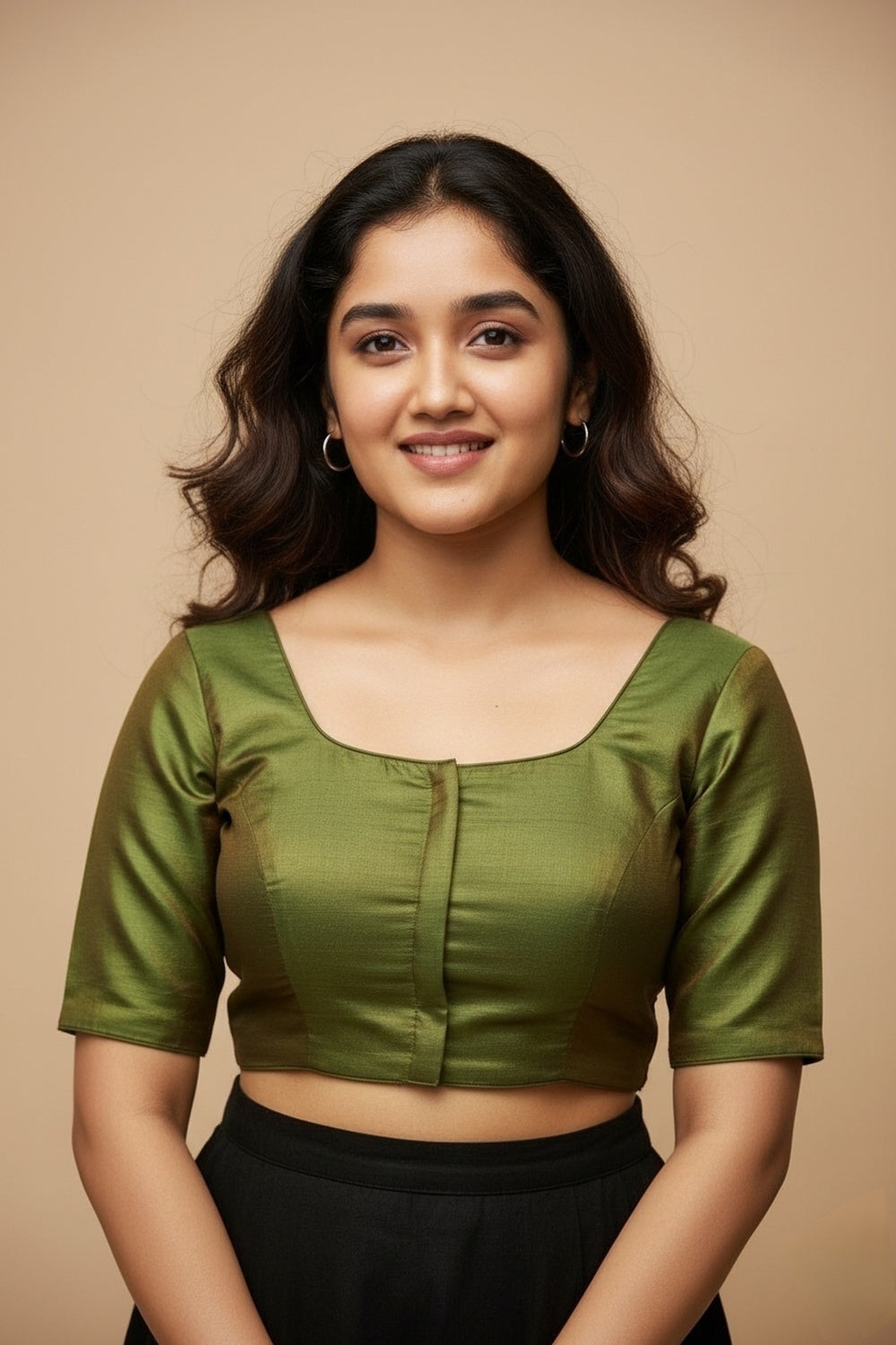 Women's Blouse Silk Blend Padded Front Open Round Neck Princess Cut Elbow Sleeve Solid Saree Blouse with Round Back - Mehandi - 4050