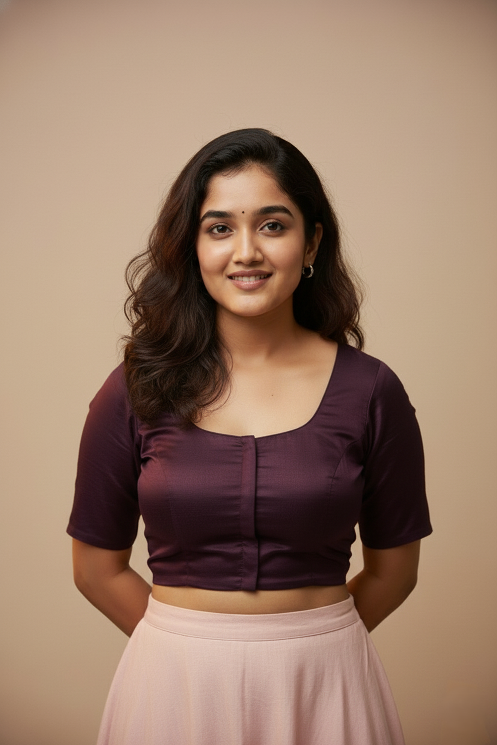 Women's Blouse Silk Blend Padded Front Open Round Neck Princess Cut Elbow Sleeve Solid Saree Blouse with Round Back - Purple - 4050