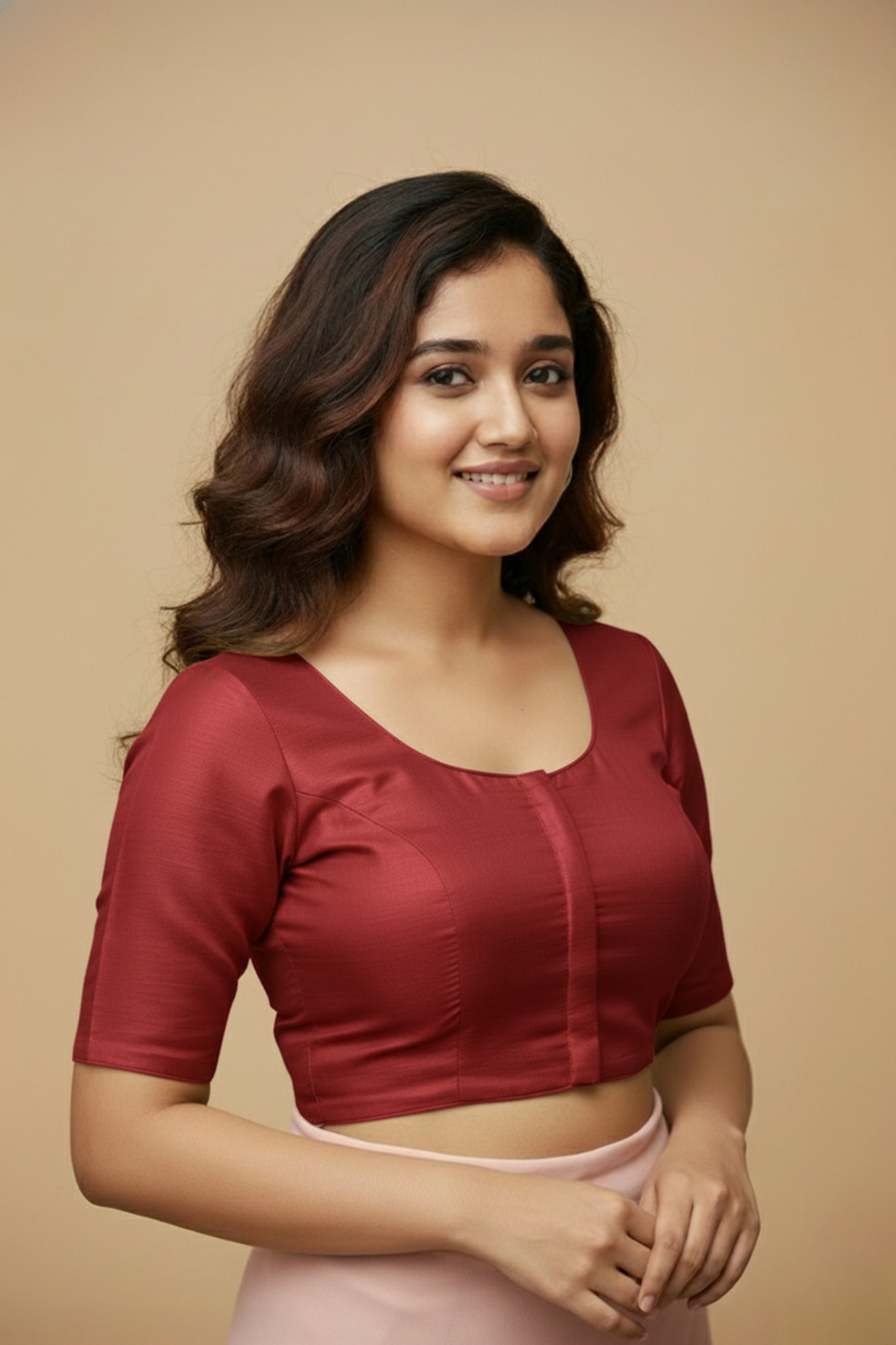 Women's Blouse Silk Blend Padded Front Open Round Neck Princess Cut Elbow Sleeve Solid Saree Blouse with Round Back - Maroon - 4050