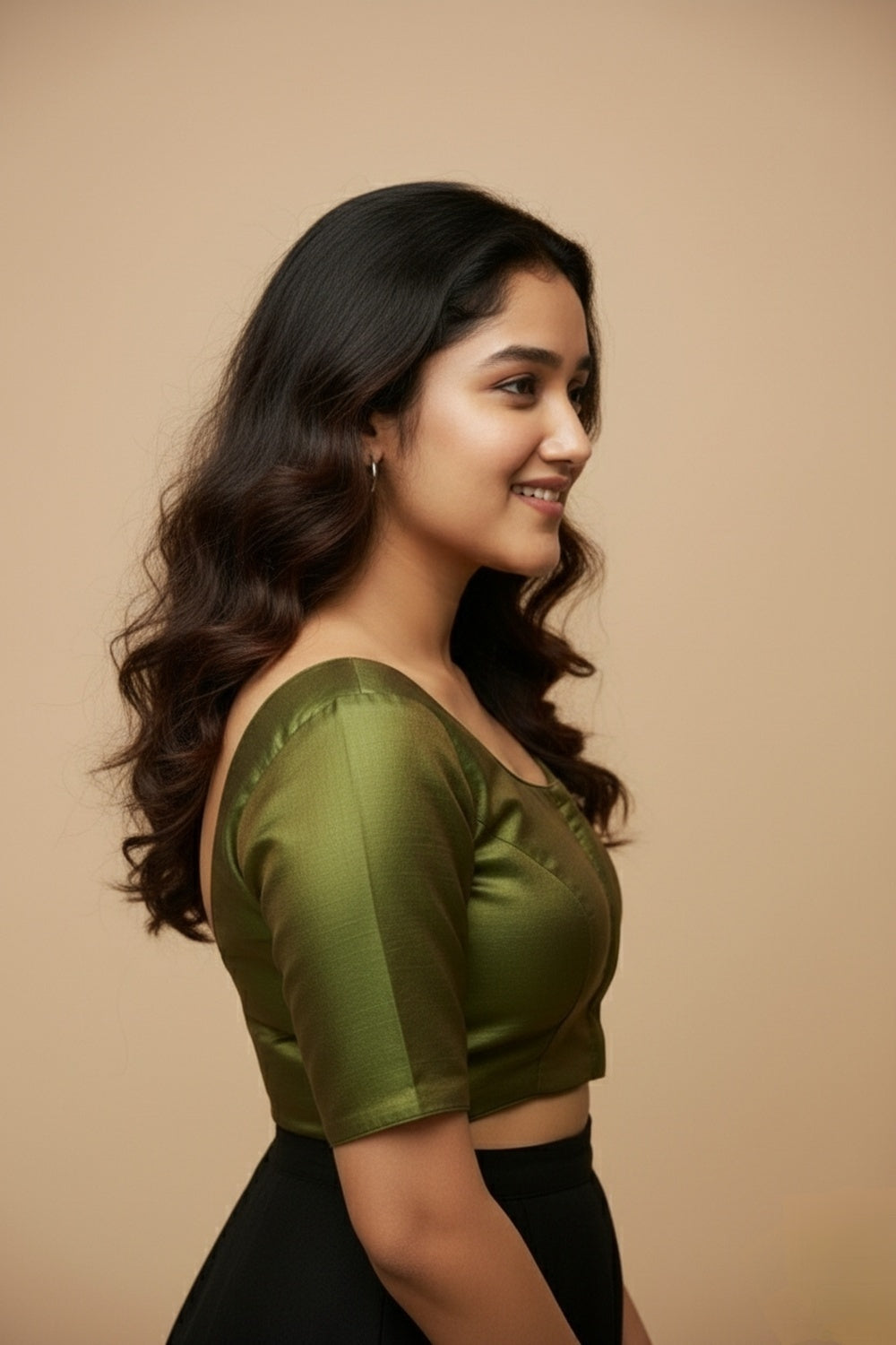 Women's Blouse Silk Blend Padded Front Open Round Neck Princess Cut Elbow Sleeve Solid Saree Blouse with Round Back - Mehandi - 4050