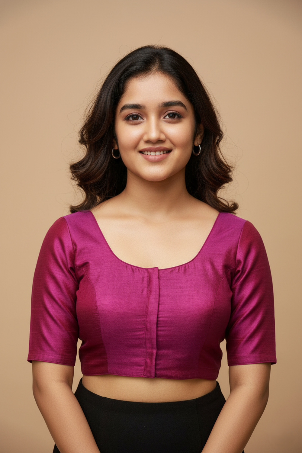 Women's Blouse Silk Blend Padded Front Open Round Neck Princess Cut Elbow Sleeve Solid Saree Blouse with Round Back - Rani - 4050