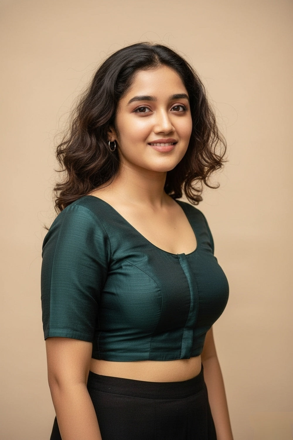 Women's Blouse Silk Blend Padded Front Open Round Neck Princess Cut Elbow Sleeve Solid Saree Blouse with Round Back - Bottle Green - 4050