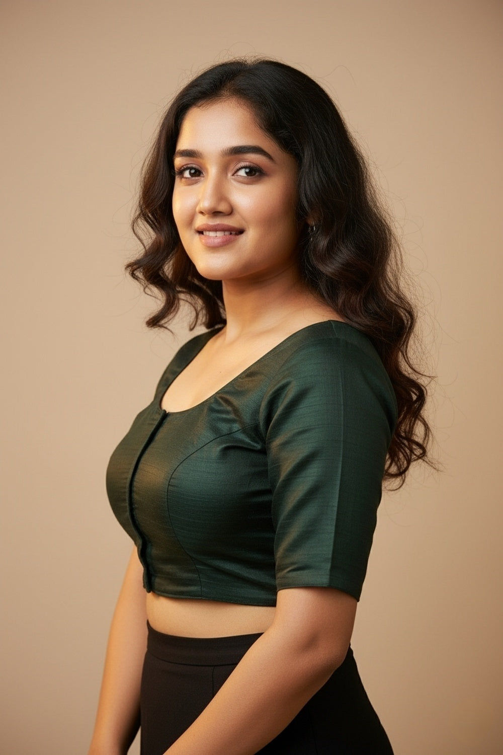 Women's Blouse Silk Blend Padded Front Open Round Neck Princess Cut Elbow Sleeve Solid Saree Blouse with Round Back - Bottle Green - 4050