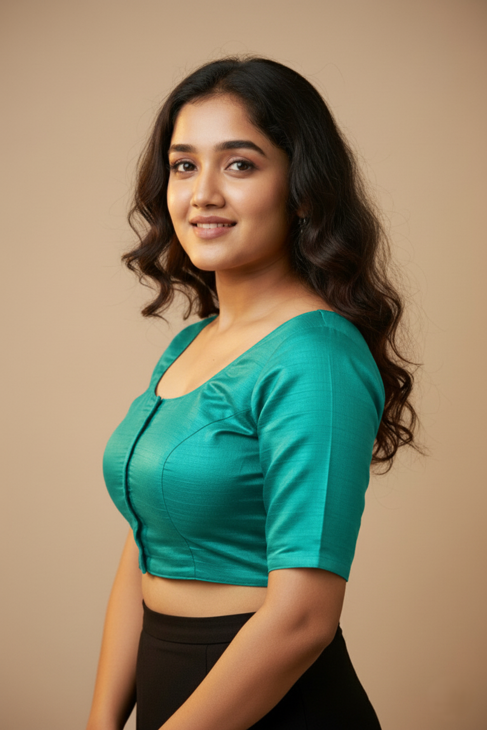 Women's Blouse Silk Blend Padded Front Open Round Neck Princess Cut Elbow Sleeve Solid Saree Blouse with Round Back - Rama Green - 4050