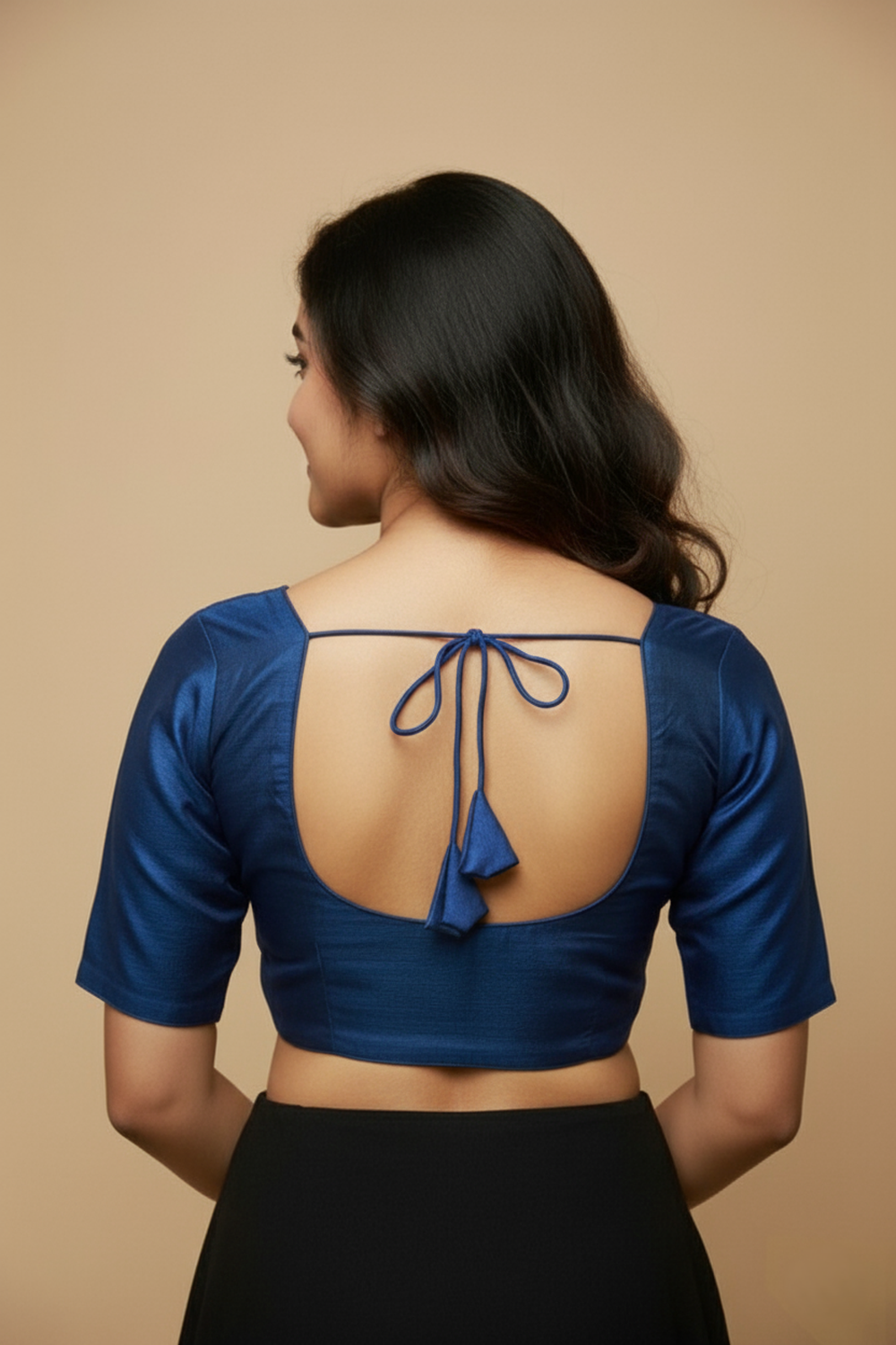 Women's Blouse Silk Blend Padded Front Open Round Neck Princess Cut Elbow Sleeve Solid Saree Blouse with Round Back - Royal Blue - 4050