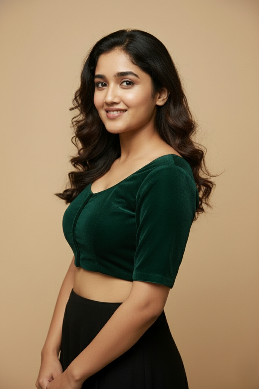 Women's Blouse Velvet Padded Front Open Round Neck Princess Cut Elbow Sleeve Saree Blouse with Round Back - Bottle Green - N972