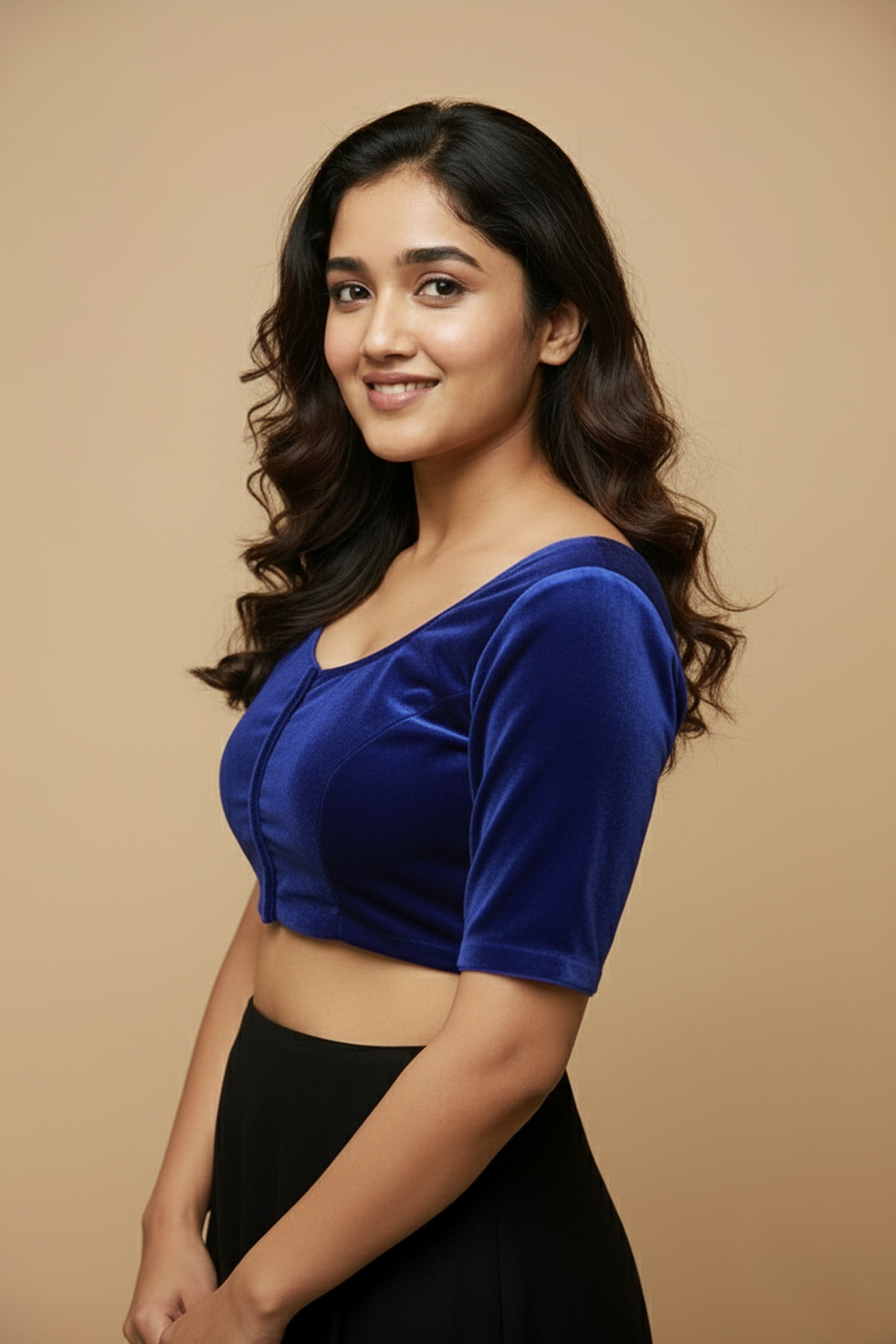 Women's Blouse Velvet Padded Front Open Round Neck Princess Cut Elbow Sleeve Saree Blouse with Round Back - Rama Blue - N972