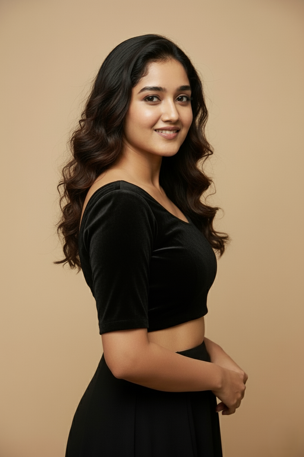 Women's Blouse Velvet Padded Front Open Round Neck Princess Cut Elbow Sleeve Saree Blouse with Round Back - Black - N972