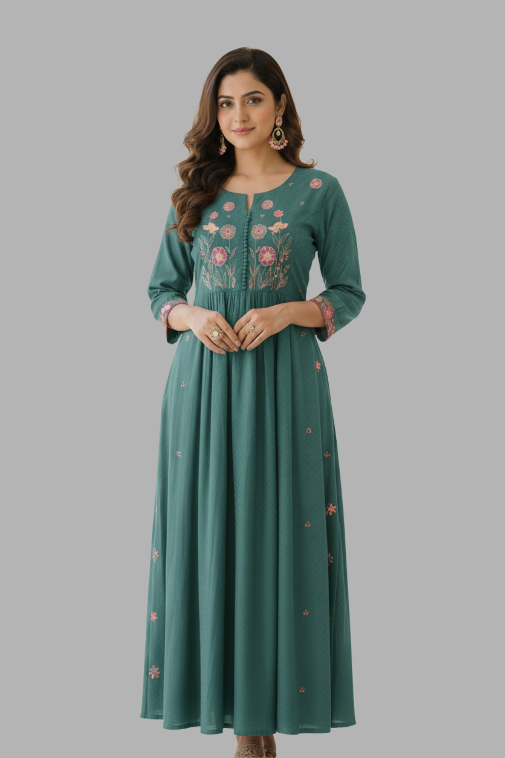 Women’s Cotton Blend Embroidered Kurthi with V Neck and 3/4th Sleeves - Green - 304
