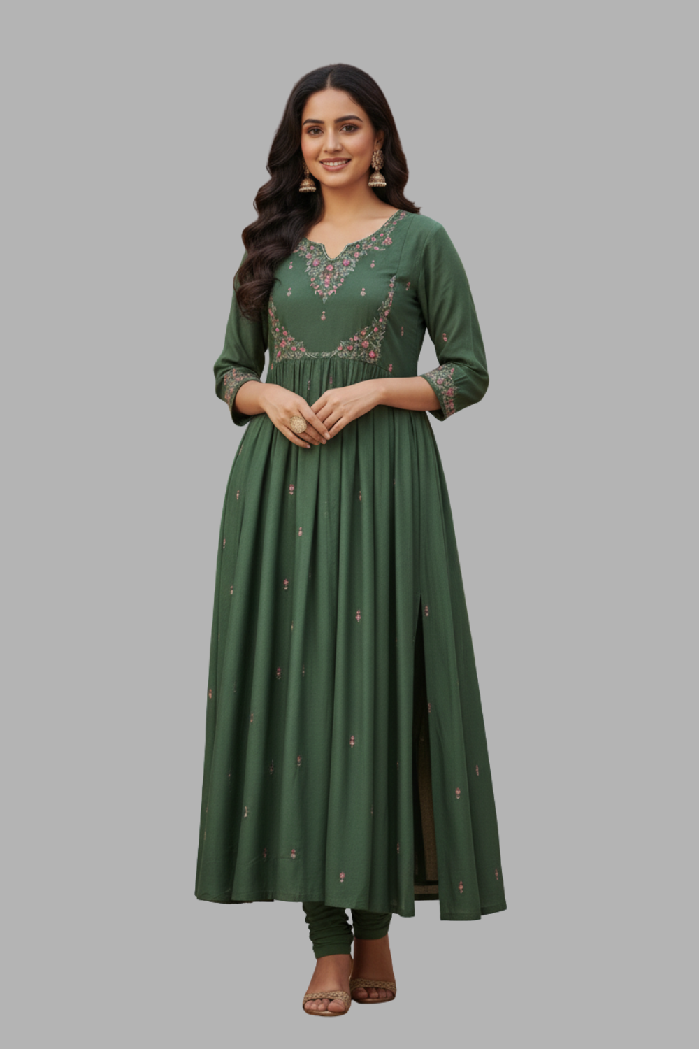 Women’s Cotton Blend Regular Fit Kurthi for Daily and Ethnic Wear with 3/4th Sleeves - Green - 307