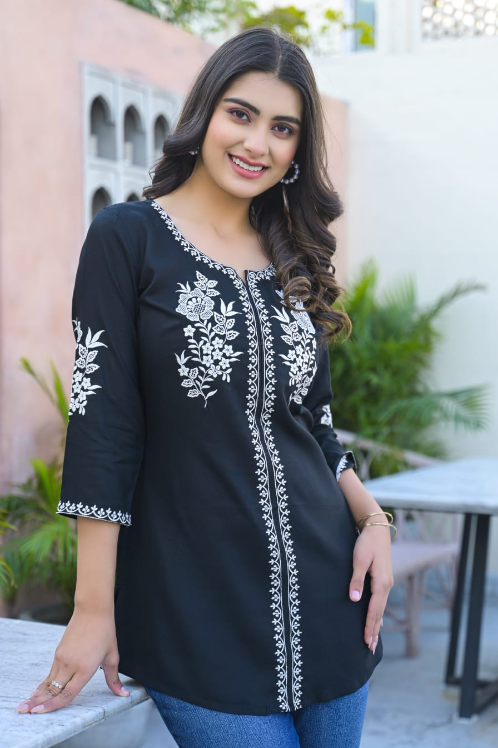 Women’s Embroidered Rayon Kurtha with Round Neck & 3/4th Sleeves | Below-Knee Regular Fit Daily Wear Kurta for Women - 1003