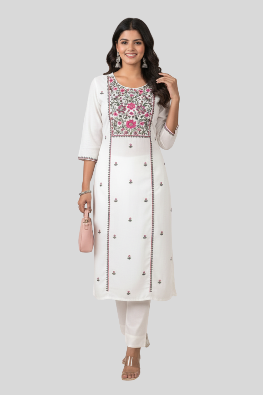 Women’s Embroidered Rayon Kurtha with Round Neck & 3/4th Sleeves | Below-Knee Regular Fit Daily Wear Kurta for Women - 1020