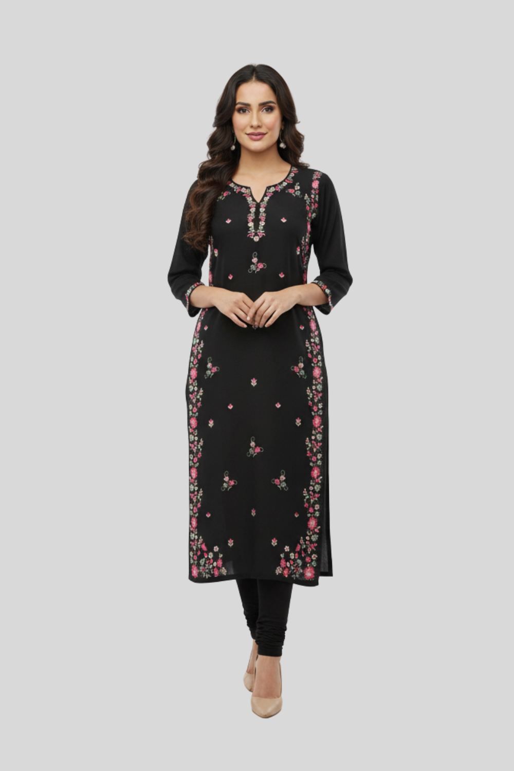Women’s Embroidered Rayon Kurtha with Round Neck & 3/4th Sleeves | Below-Knee Regular Fit Daily Wear Kurta for Women - 1165