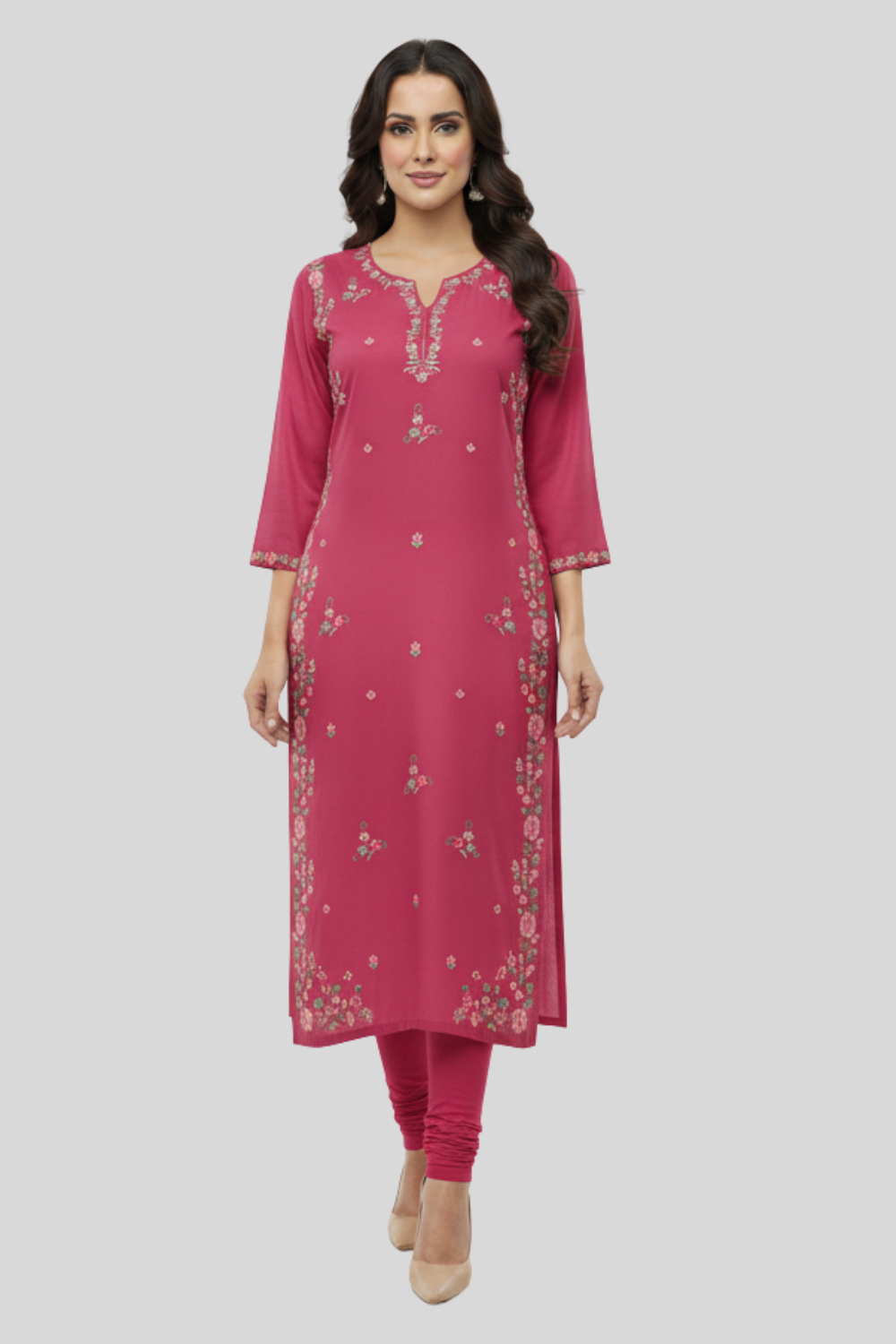 Women’s Embroidered Rayon Kurtha with Round Neck & 3/4th Sleeves | Below-Knee Regular Fit Daily Wear Kurta for Women - 1165