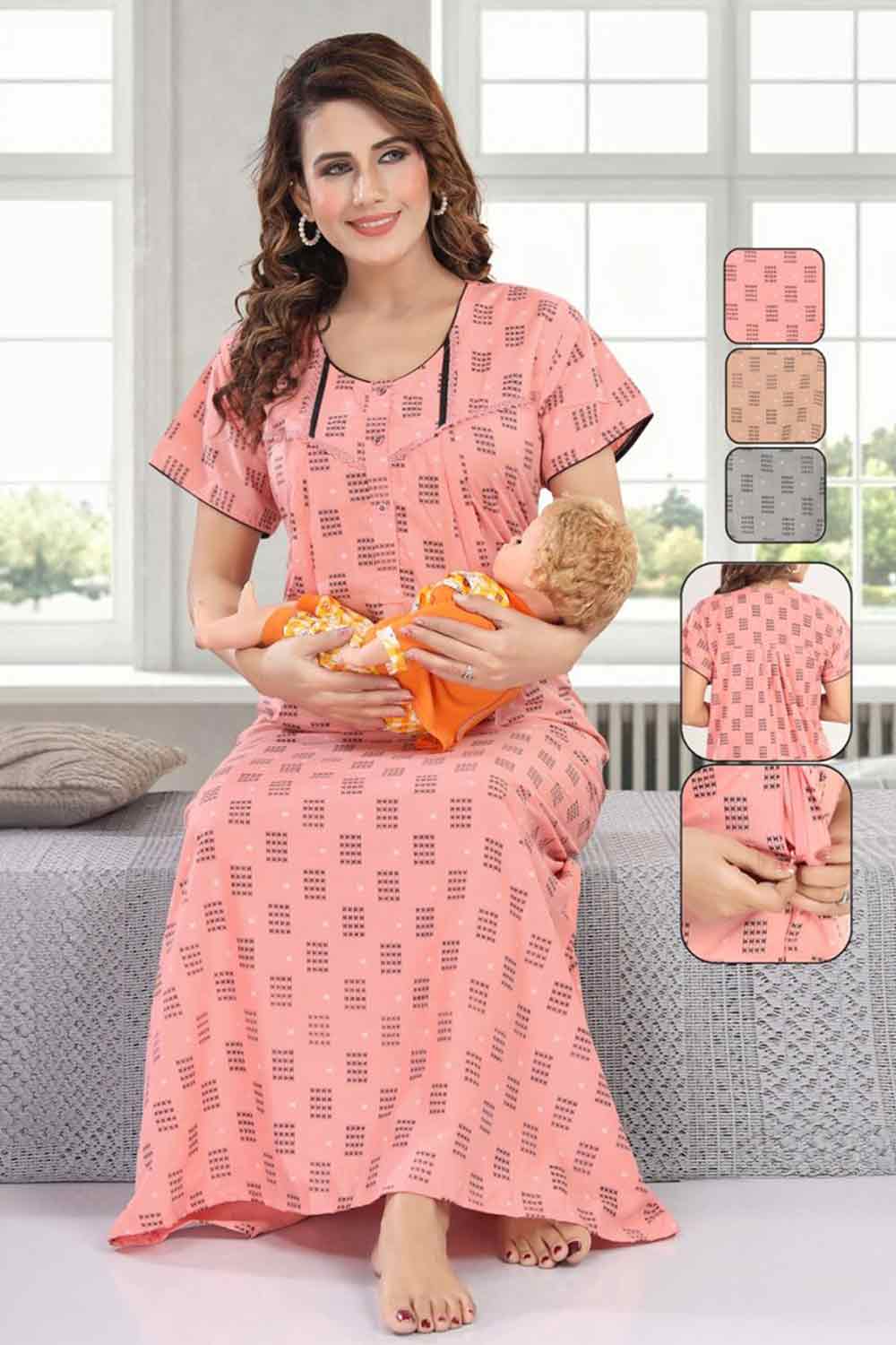 Women’s Feeding Nighty | Front Open Maternity Nightdress, Relax Fit - 2820