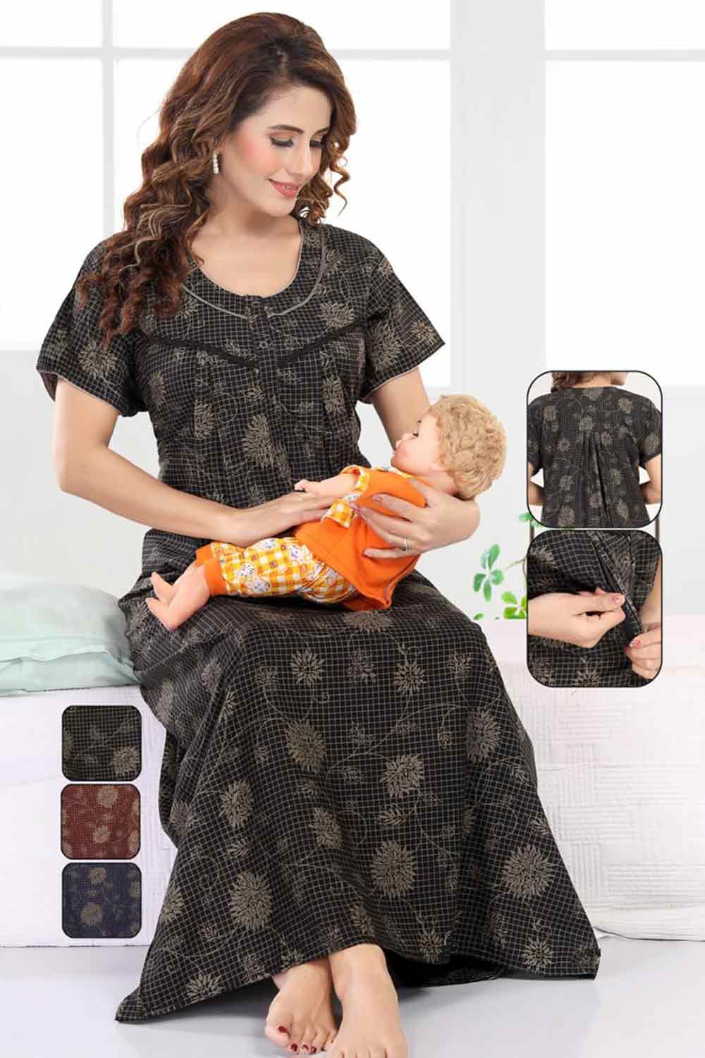 Women’s Feeding Nighty | Front Open Maternity Nightdress, Relax Fit - 2821