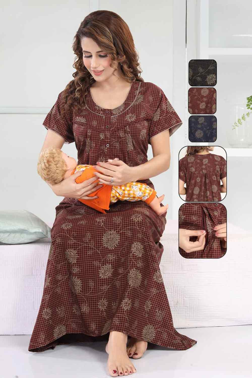 Women’s Feeding Nighty | Front Open Maternity Nightdress, Relax Fit - 2821