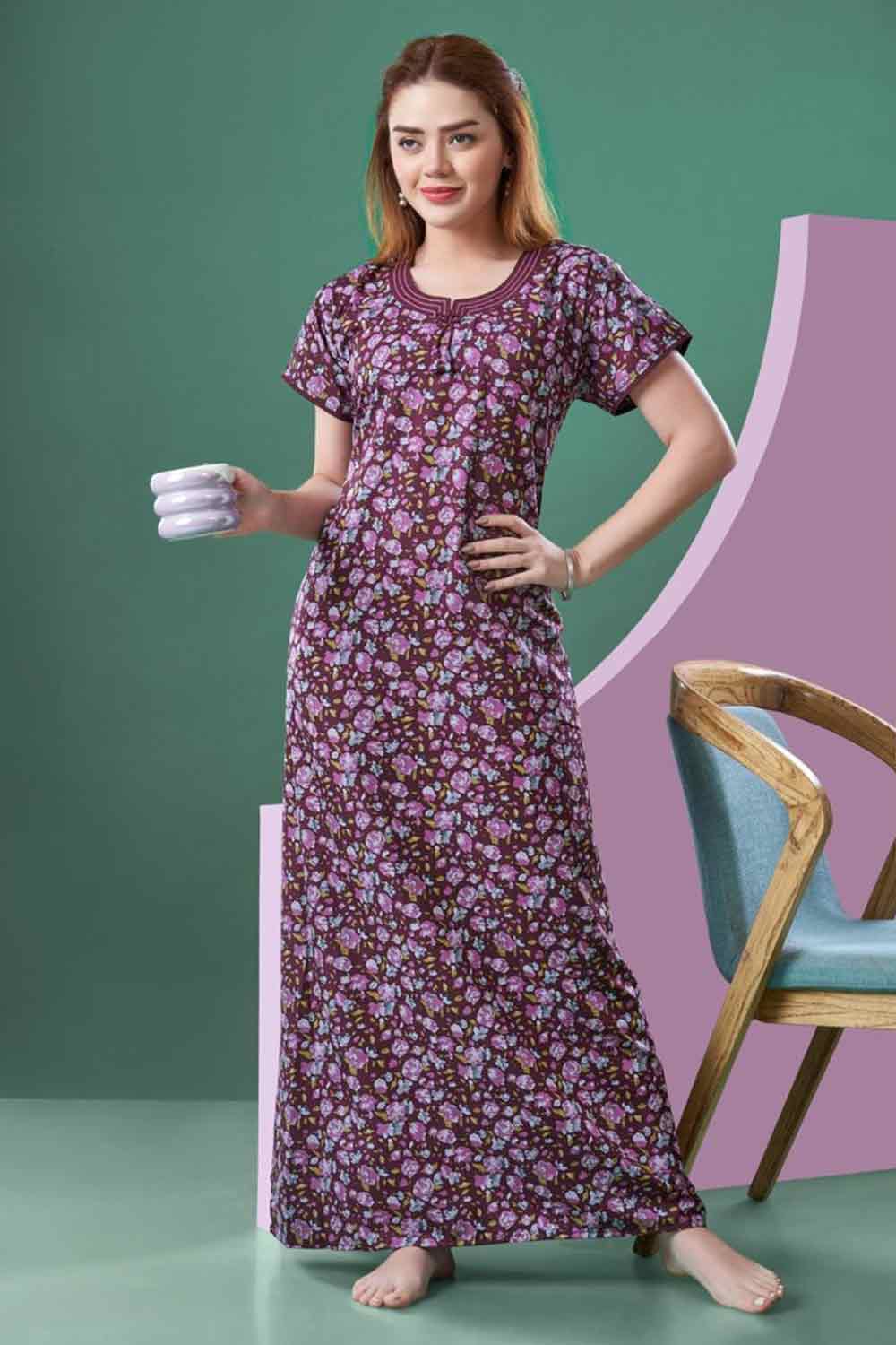 Women’s Printed Poly Viscose Nighty | Relax Fit Full Length Nightdress - 2135