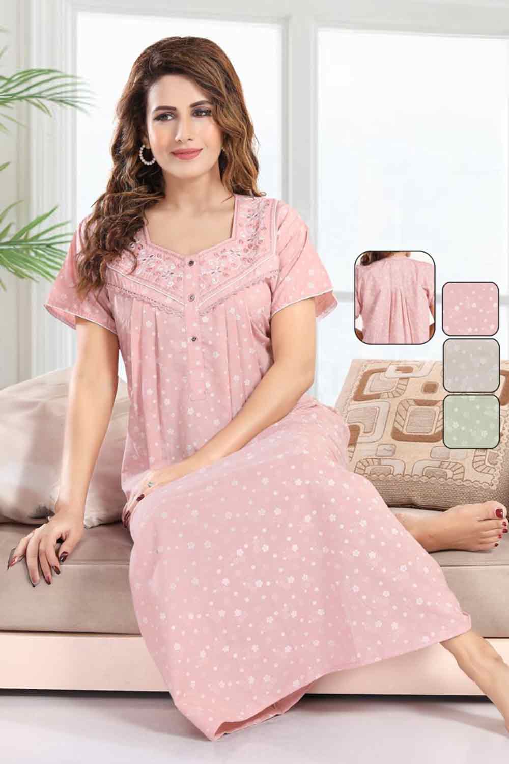 Women’s Printed Poly Viscose Pastel Shades Nighty | Relax Fit Full Length Nightdress - 2810