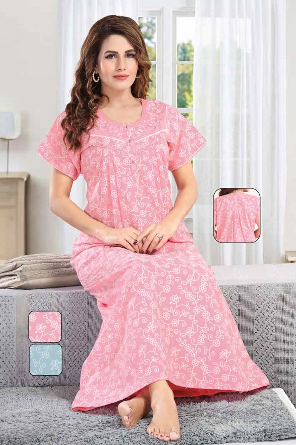 Women’s Printed Poly Viscose Nighty | Relax Fit Full Length Nightdress - 2812