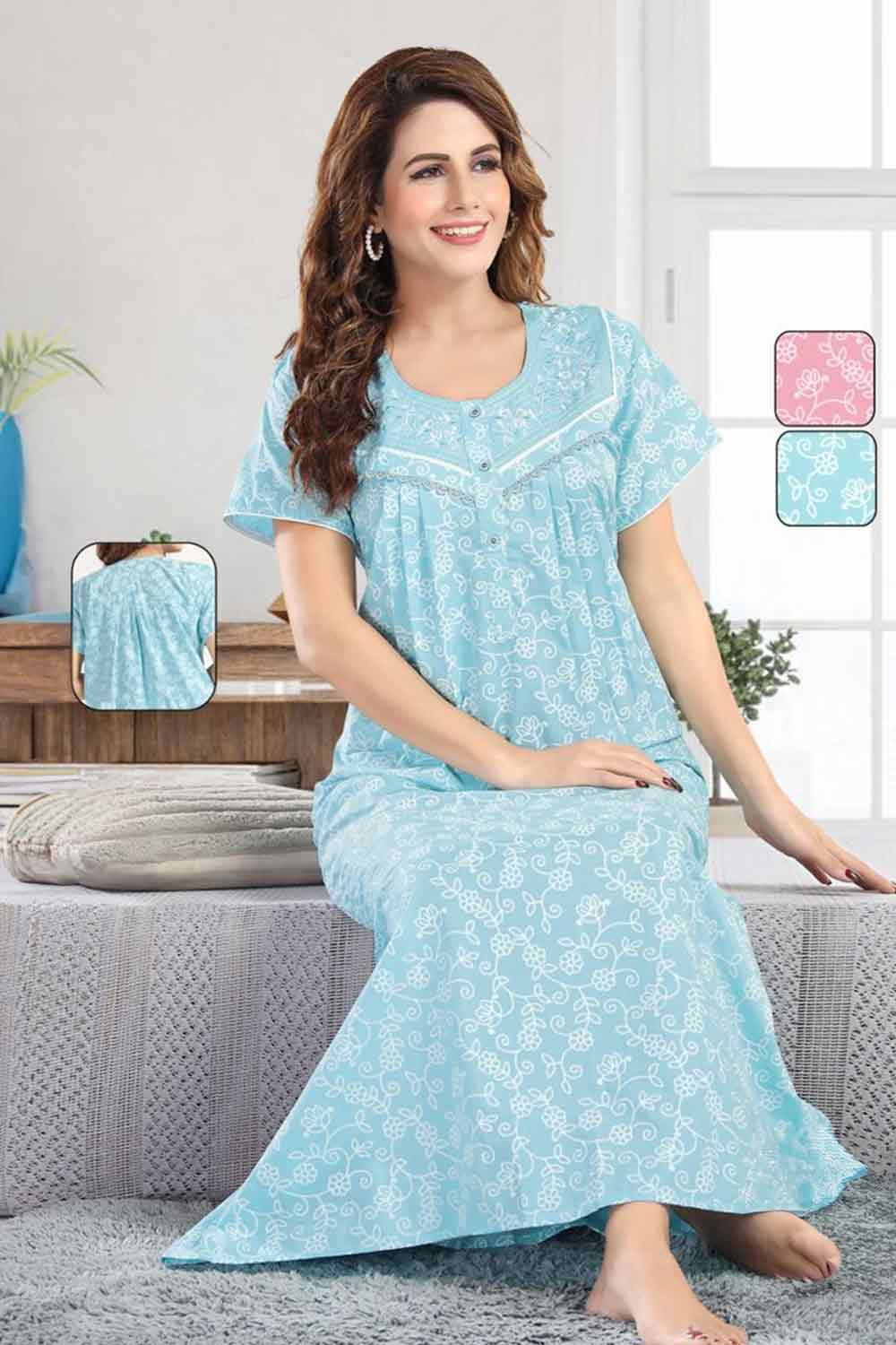 Women’s Printed Poly Viscose Nighty | Relax Fit Full Length Nightdress - 2812