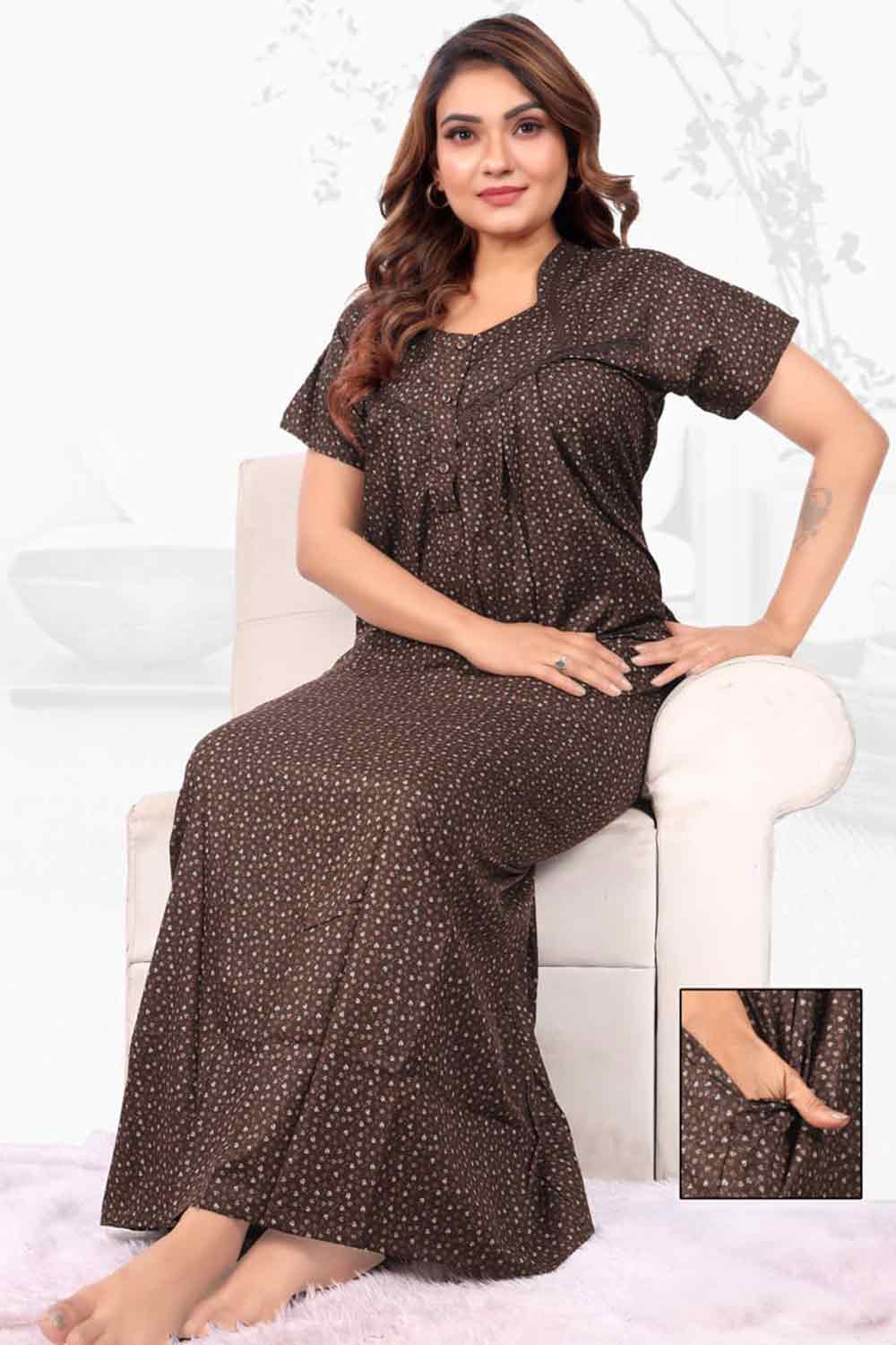 Women’s Printed Poly Viscose Nighty | Relax Fit Full Length Nightdress - 3374