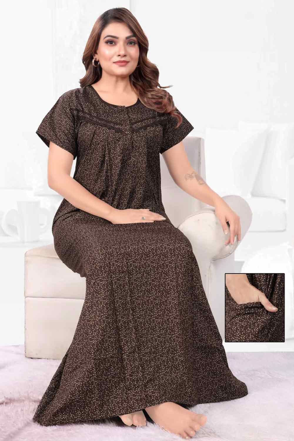 Women’s Printed Poly Viscose Nighty | Relax Fit Full Length Nightdress - 3375