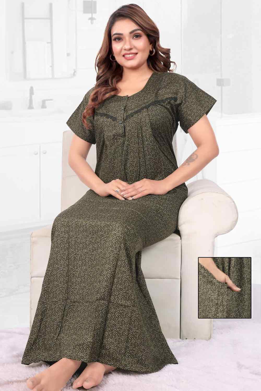 Women’s Printed Poly Viscose Nighty | Relax Fit Full Length Nightdress - 3375