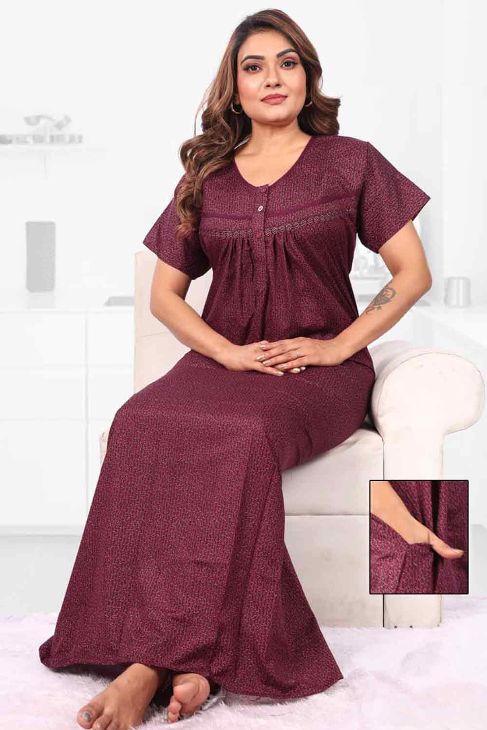 Women’s Printed Poly Viscose Nighty | Relax Fit Full Length Nightdress - 3401