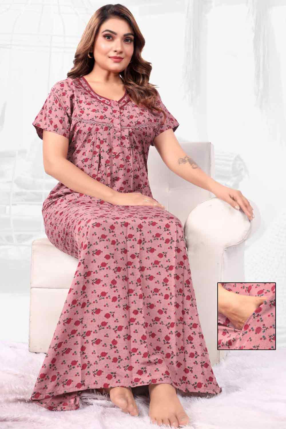 Women’s Printed Poly Viscose Nighty | Relax Fit Full Length Nightdress - 3402