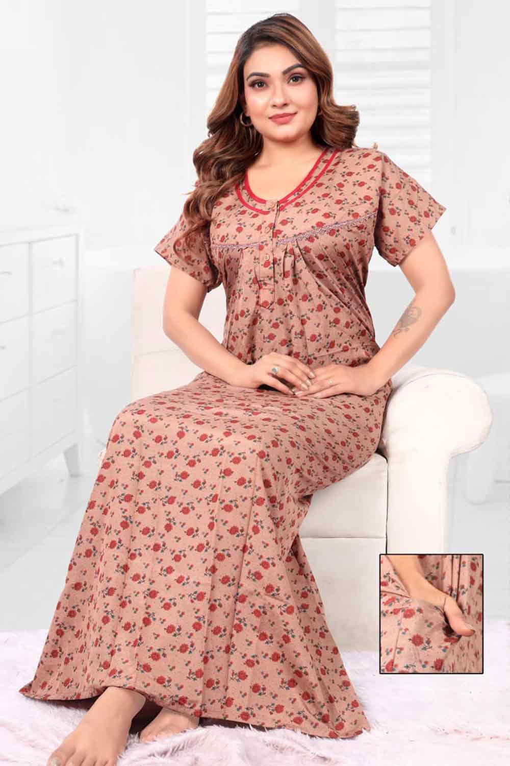 Women’s Printed Poly Viscose Nighty | Relax Fit Full Length Nightdress - 3402