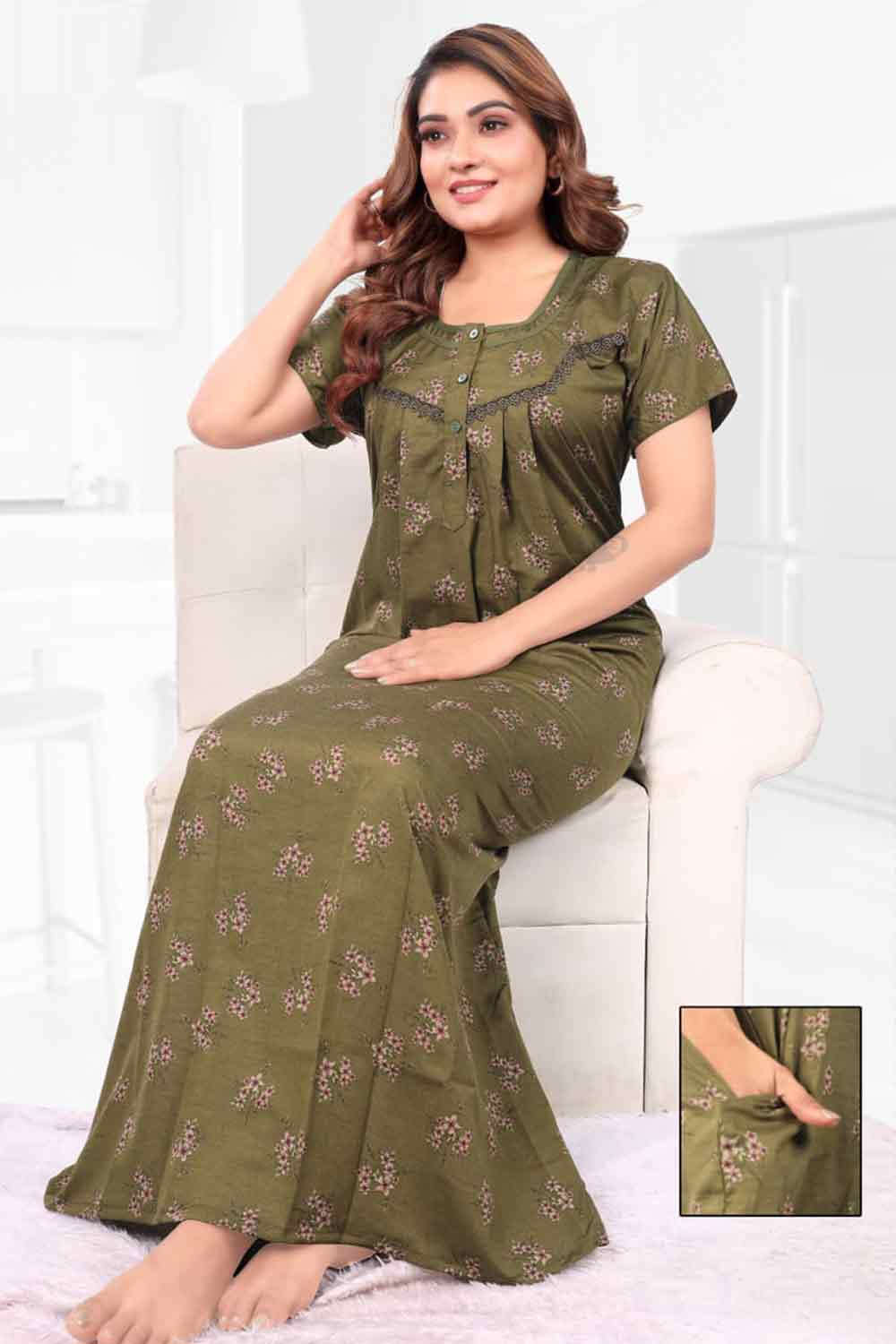 Women’s Printed Poly Viscose Nighty | Relax Fit Full Length Nightdress - 3404