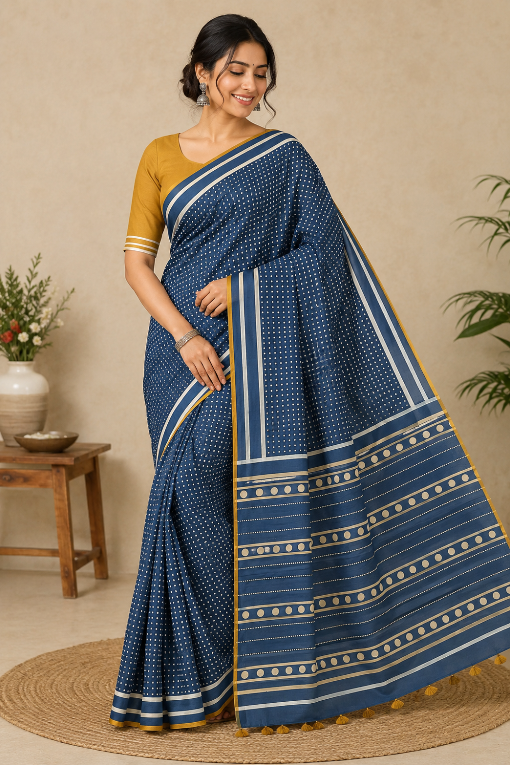 Women's Pure Cotton Jaipur Print Saree with Blouse | Soft Cotton Printed Saree for Women | Traditional, Casual & Festive Ethnic Wear - Blue - 3105