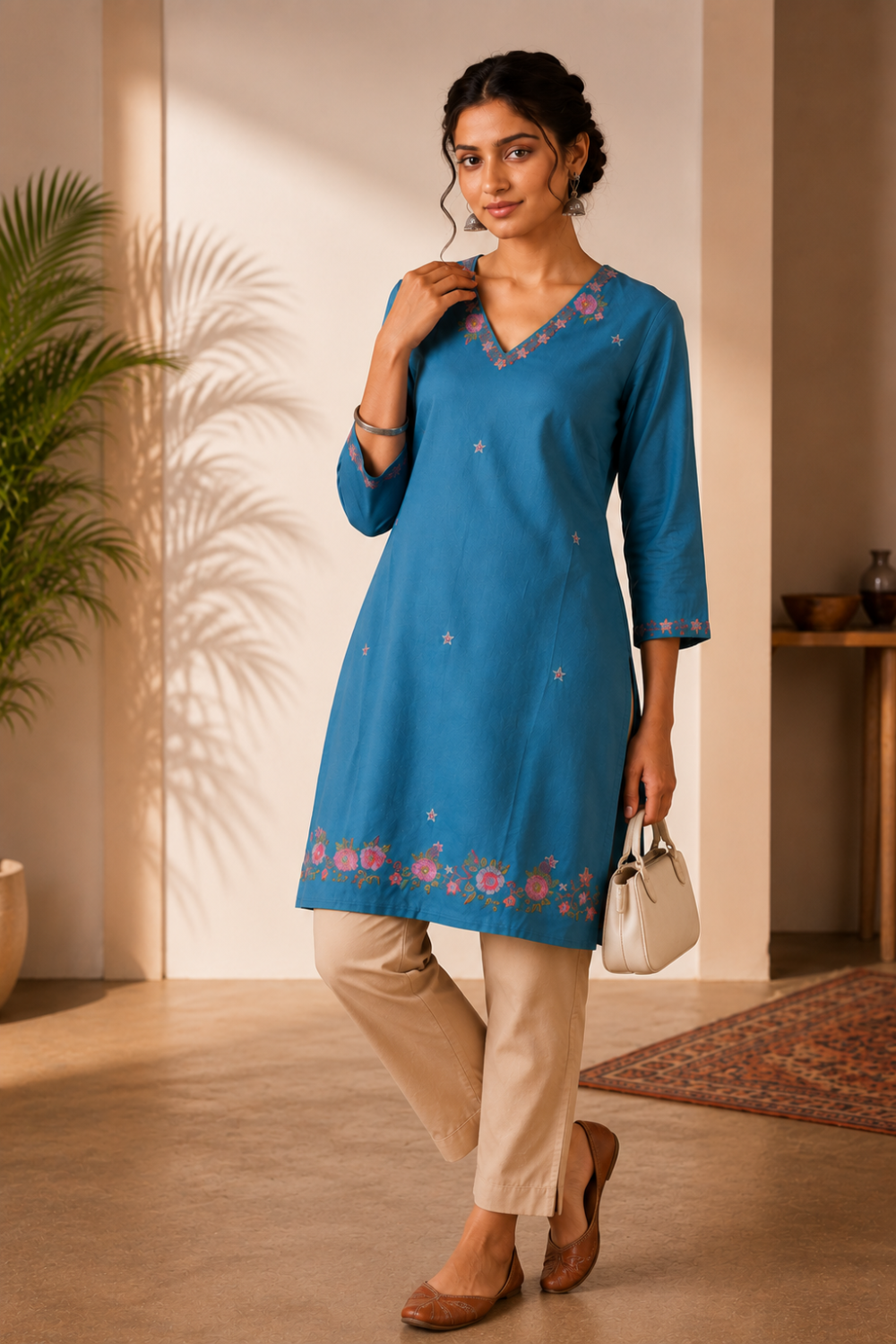 Women's Cotton Flax Embroidered Top | V-Neck 3/4 Sleeve Casual Top for Women | Regular Fit Everyday Office Wear Cotton Top - EX13