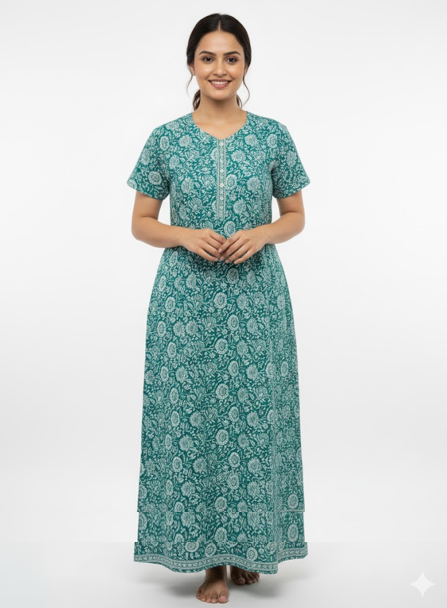 Women's Nighty Cotton Blend Full Length Printed Night Dress Comfortable Sleepwear for Women - T.Green - 521A