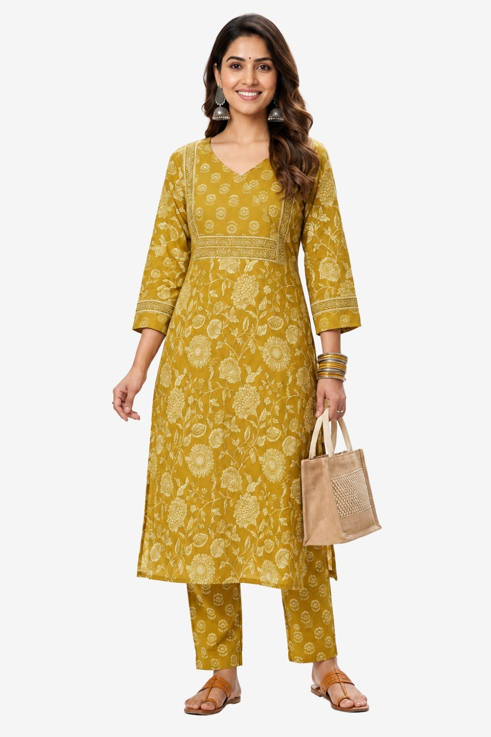 Women's Prints Cotton Blend Kurta Set with V Neck Neckline and 3/4 Sleeve - Below Knee | Everyday Ethnic Wear Kurta Set for Office Wear, Daily Wear, Casual Outings, Festive Wear - 3515