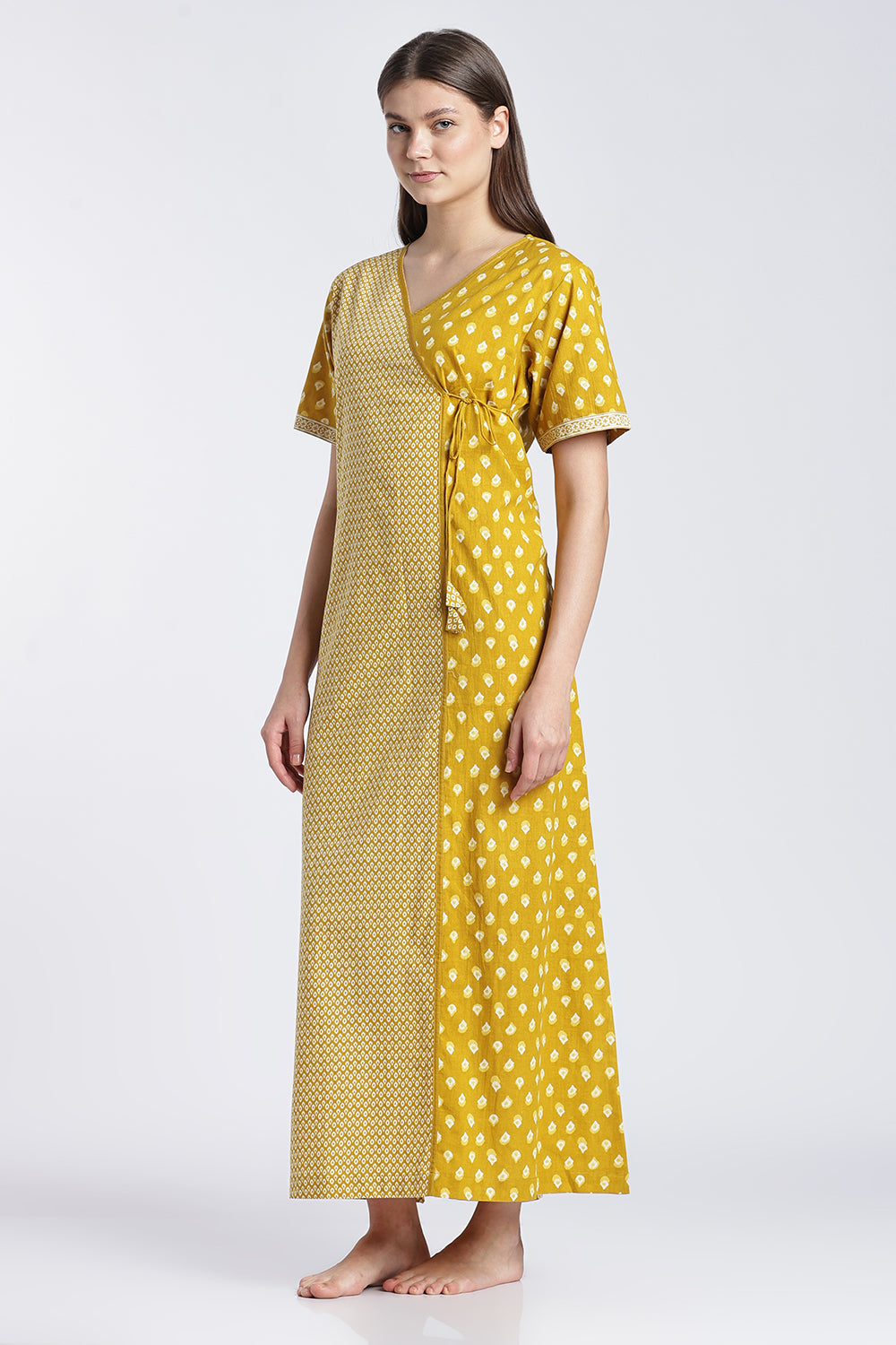 Naidu Hall Women’s Printed Cotton Angarakha Nighty | V-Neck Wrap Style Night Dress with Tie-Up | Short Sleeve Daily Wear, Sleepwear & Loungewear
 - NB51