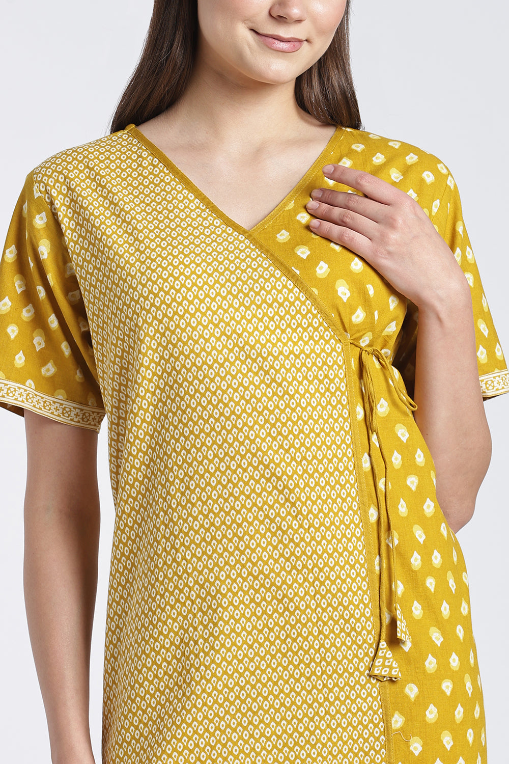 Naidu Hall Women’s Printed Cotton Angarakha Nighty | V-Neck Wrap Style Night Dress with Tie-Up | Short Sleeve Daily Wear, Sleepwear & Loungewear
 - NB51