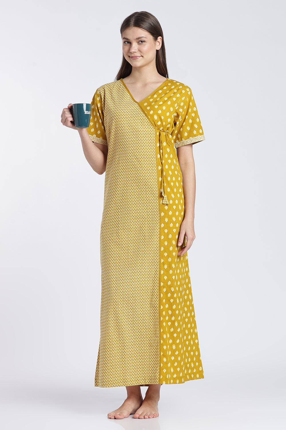 Naidu Hall Women’s Printed Cotton Angarakha Nighty | V-Neck Wrap Style Night Dress with Tie-Up | Short Sleeve Daily Wear, Sleepwear & Loungewear
 - NB51