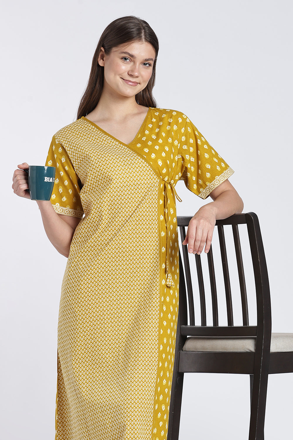 Naidu Hall Women’s Printed Cotton Angarakha Nighty | V-Neck Wrap Style Night Dress with Tie-Up | Short Sleeve Daily Wear, Sleepwear & Loungewear
 - NB51